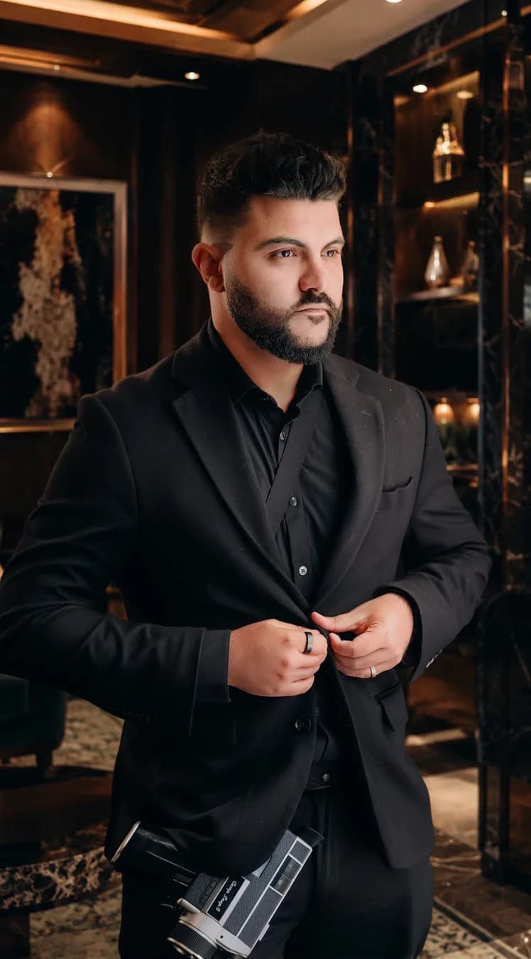 Bebo in a dark suit, his camera at his side