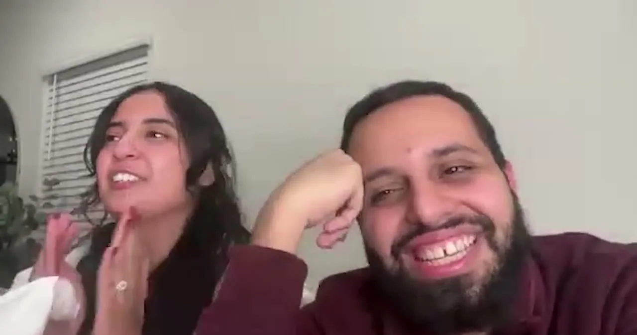 Kiro and Rana laughing on the premiere call as their wedding film plays