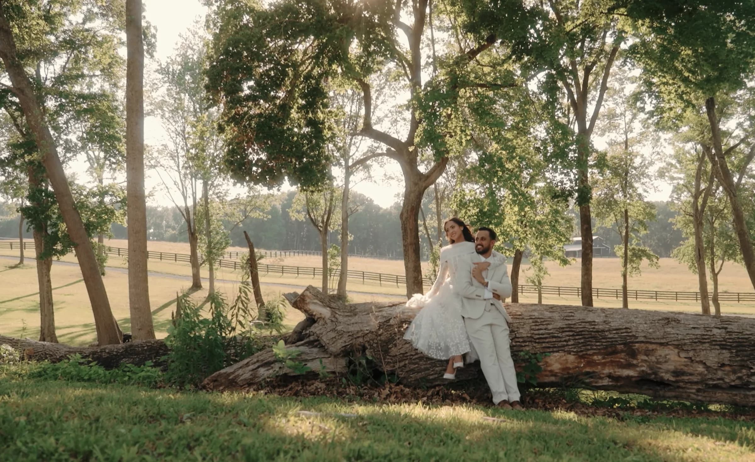 An engaged couple sit together on a fallen log in golden evening light.