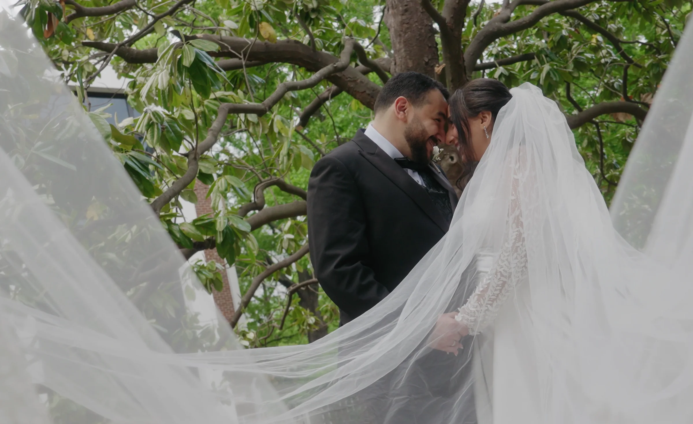 A couple stand forehead to forehead as the bride's veil lifts in the wind.